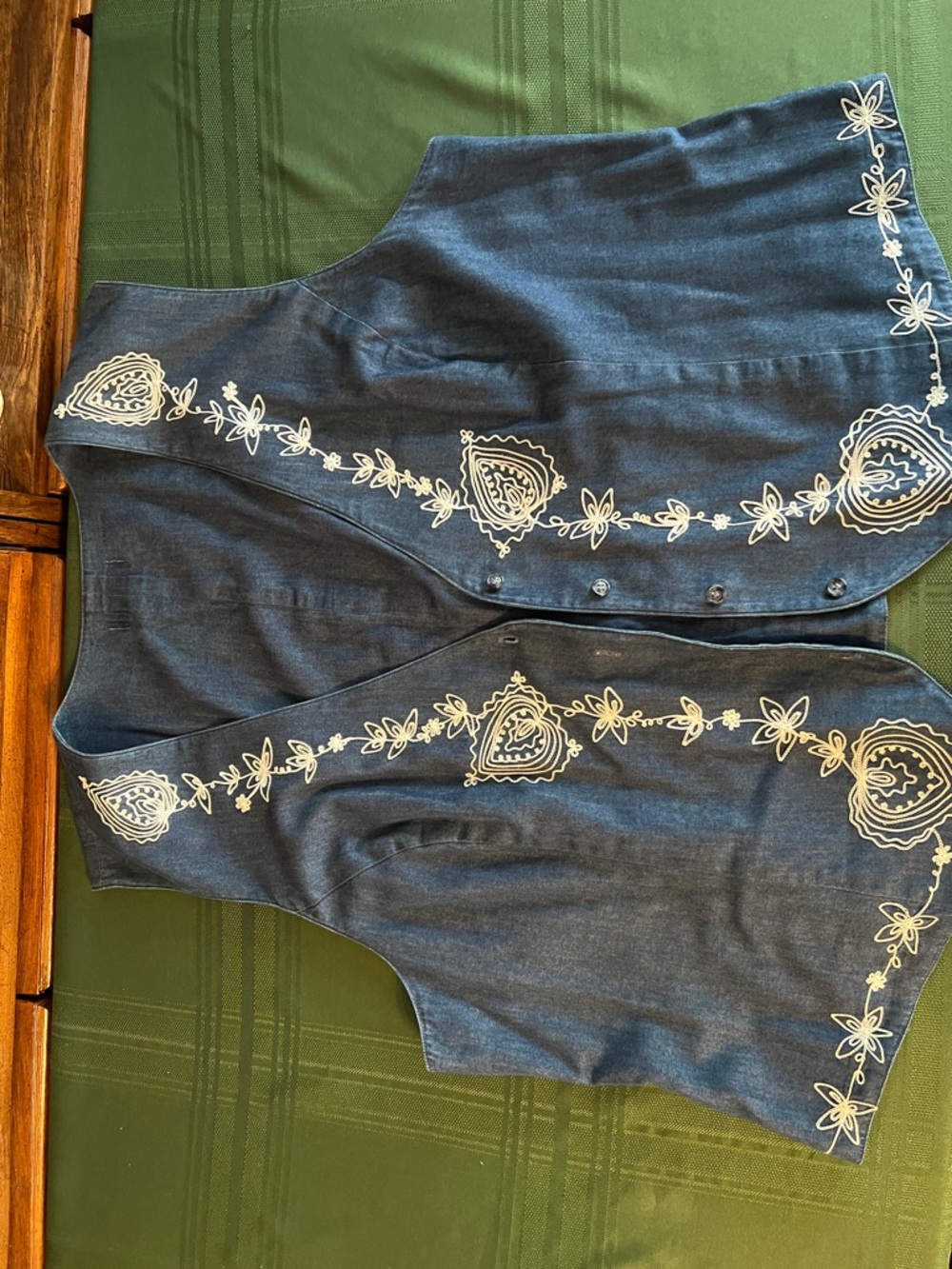Embroidered Reversible Denim Blue Vest with White Folk Floral Trim